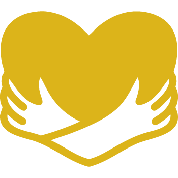Yellow icon of hands embracing a heart, symbolizing self-care and personal well-being.