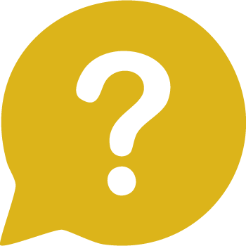 Yellow icon of a speech bubble with a question mark inside, representing frequently asked questions.