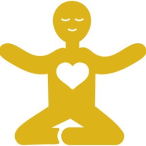 Yellow icon of a person sitting cross-legged with arms extended sideways and a heart at the center of the chest, symbolizing emotional benefits.