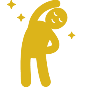 Yellow icon of a person standing and stretching, symbolizing physical benefits.