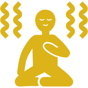 Yellow icon of a person sitting cross-legged with one hand on the heart, surrounded by vibration waves, representing humming as healing tool.