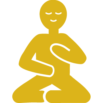 Yellow icon of a person sitting cross-legged with one hand on the heart and the other on the stomach.