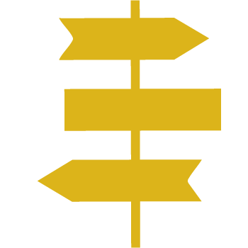 Yellow icon of a signpost with arrows pointing in all directions, symbolizing life choices and personal direction.