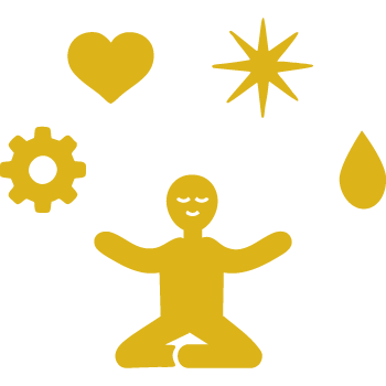 Yellow icon of a person sitting cross-legged with arms extended upward, balancing icons representing work, emotions, passing days, and challenges above their head.