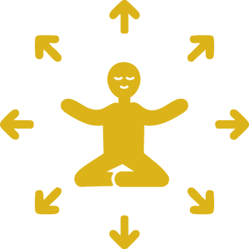 Yellow icon of a person surrounded by outward-pointing arrows, representing transformation and expansion.