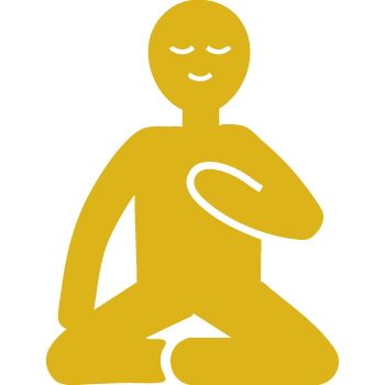 Yellow icon of a person sitting cross-legged with one hand on the heart, symbolizing physical pain management through healing practices.