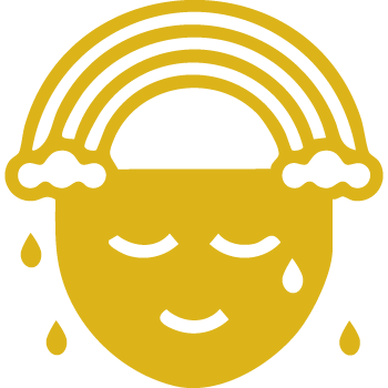 Yellow icon of a face with a rainbow above the head and tears falling from the eyes, symbolizing the release of stuck emotions.
