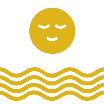 Yellow icon featuring a smiling, serene face set against gentle water waves.