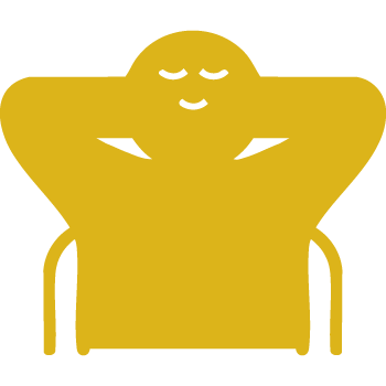 Yellow icon of a relaxed person sitting with arms behind their head and a calm expression, symbolizing physical and mental relaxation.