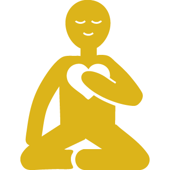 Yellow icon of a person sitting cross-legged with one hand on the heart, with a visible heart symbol on the chest, representing personal resonance and heart connection.